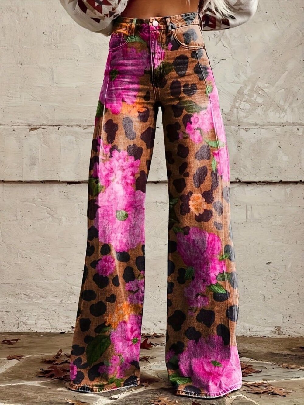 Black Casual Women's Leopard Print 3d Printed Wide Leg  Jeans